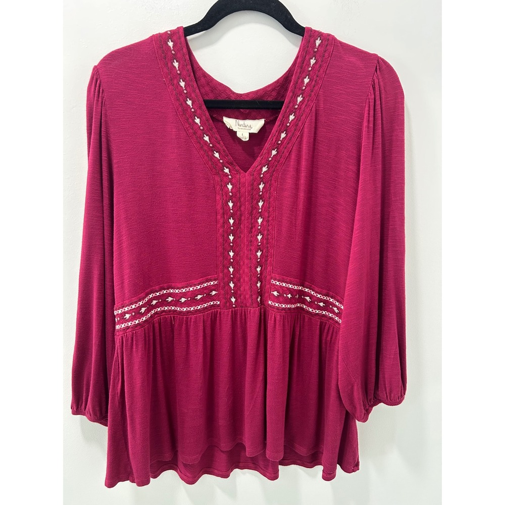 Nurture by Westbound Berry Pink Embroidered Peasant Top V-Neck 3/4 Sleeve Large